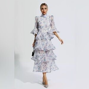 (Carolina) Blue Purple Floral Ruched Maxi Dress